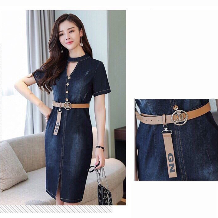 ĐẦM JEAN BODY KHOÉT CỔ ĐÍNH NÚT